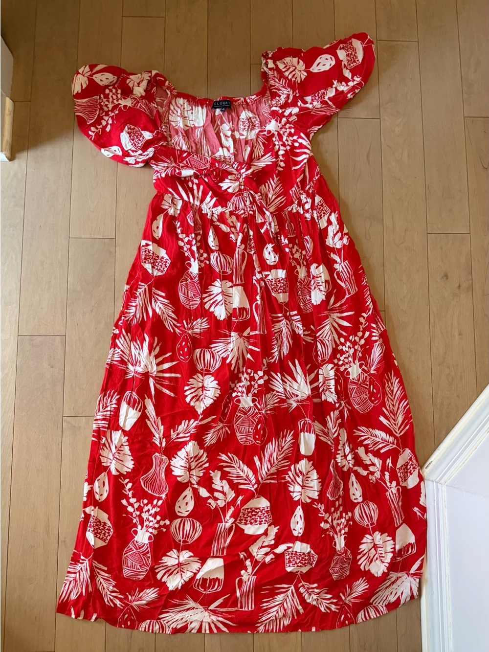 Eloquii Red and White Floral Puff-Sleeve Dress